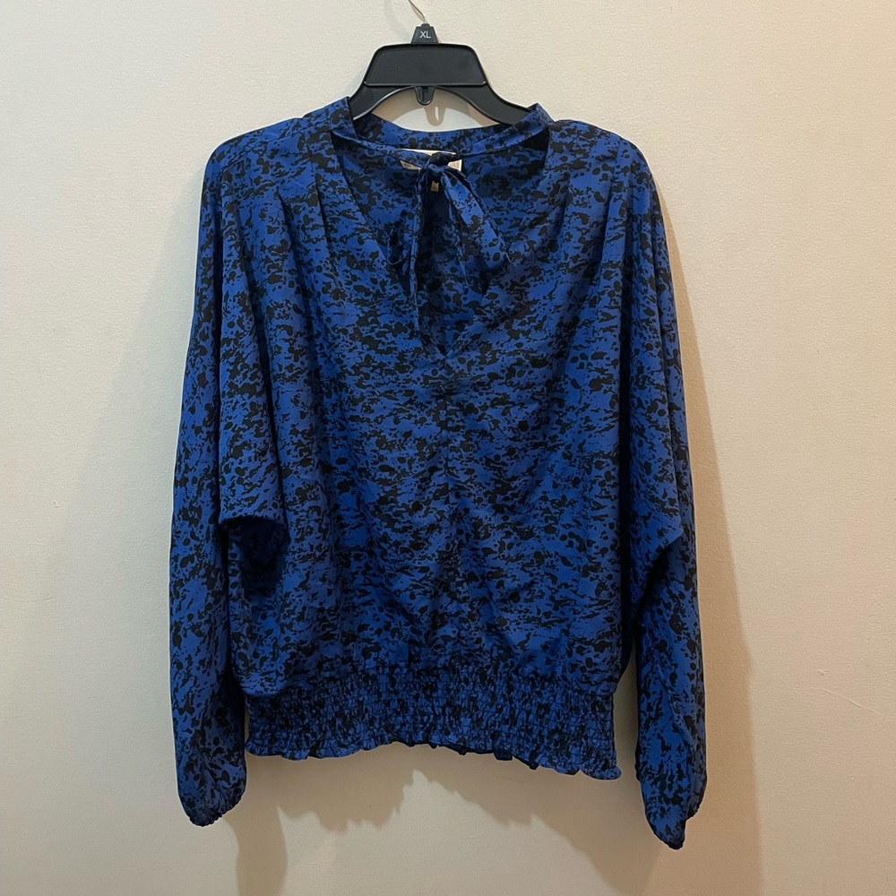 Michael Kors blue and black cow print v-neck, tie neck, elastic waist blouse